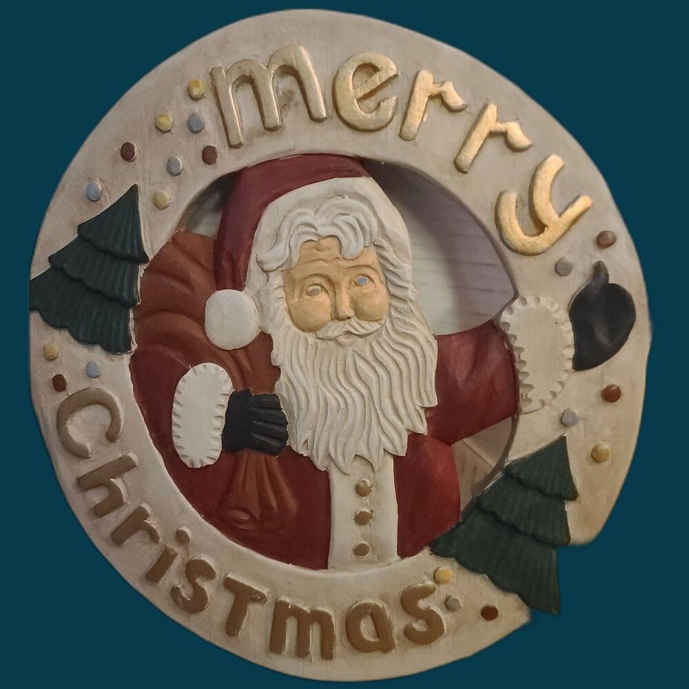 Rare‎ Vintage Merry Christmas Carved Wooden Santa Wall Hanging Hand Painted